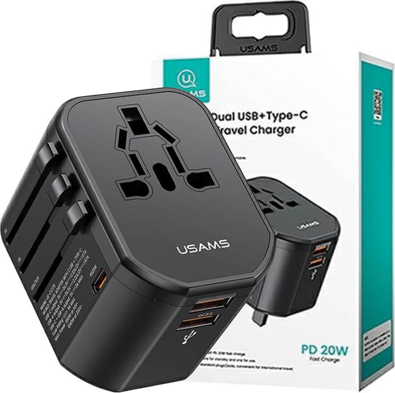 Зарядно устройство Usams T59, от EU/UK/US/China/AUS към EU/UK/US/China/AUS, 1x USB C(ж), 2x USB A(ж), 12V/1.67A, черно, 20W
