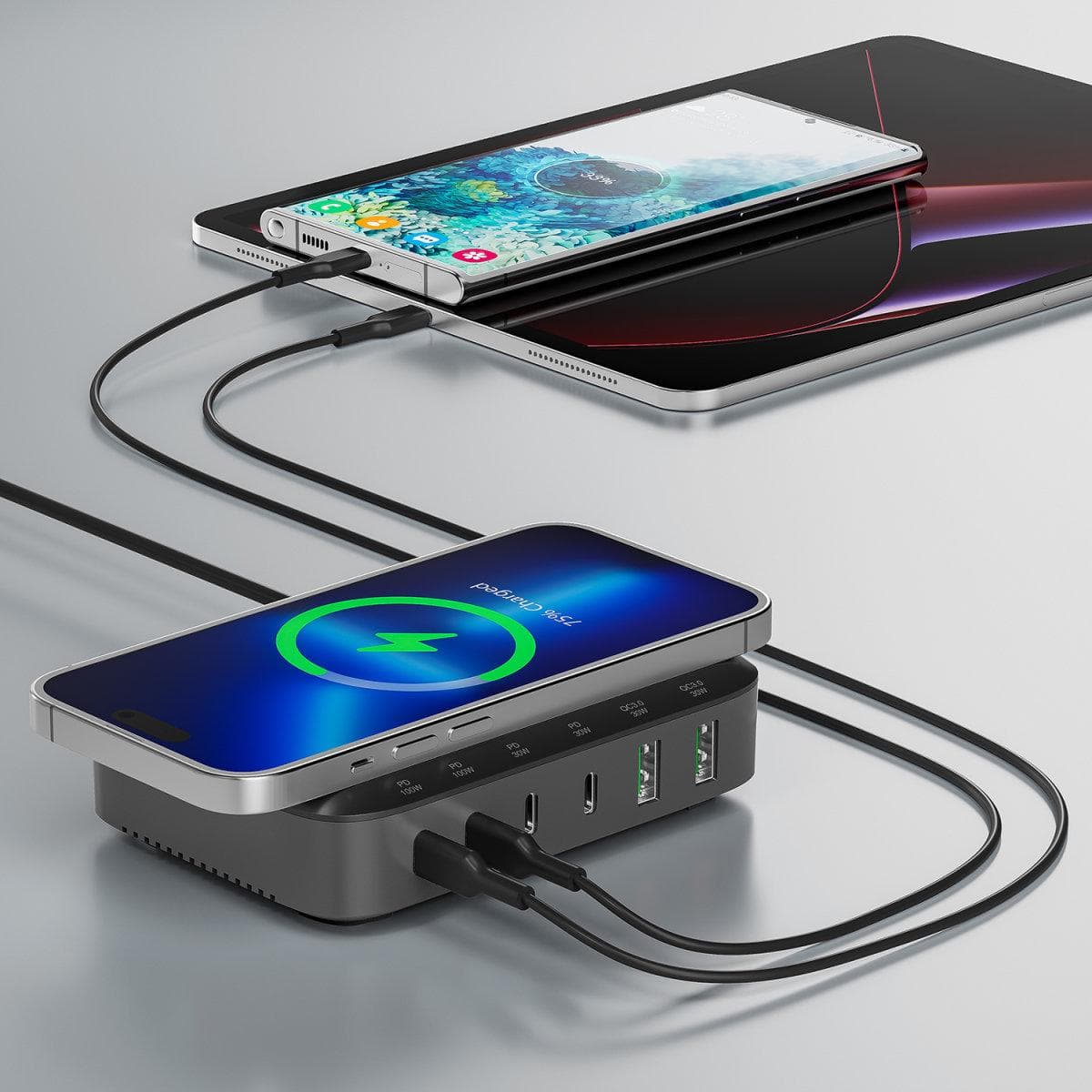 Зарядно устройство 4Smarts 540571, от контакт към 4x USB C(ж), 2x USB A(ж), безжично зареждане, 20V/5A, черно, 100W