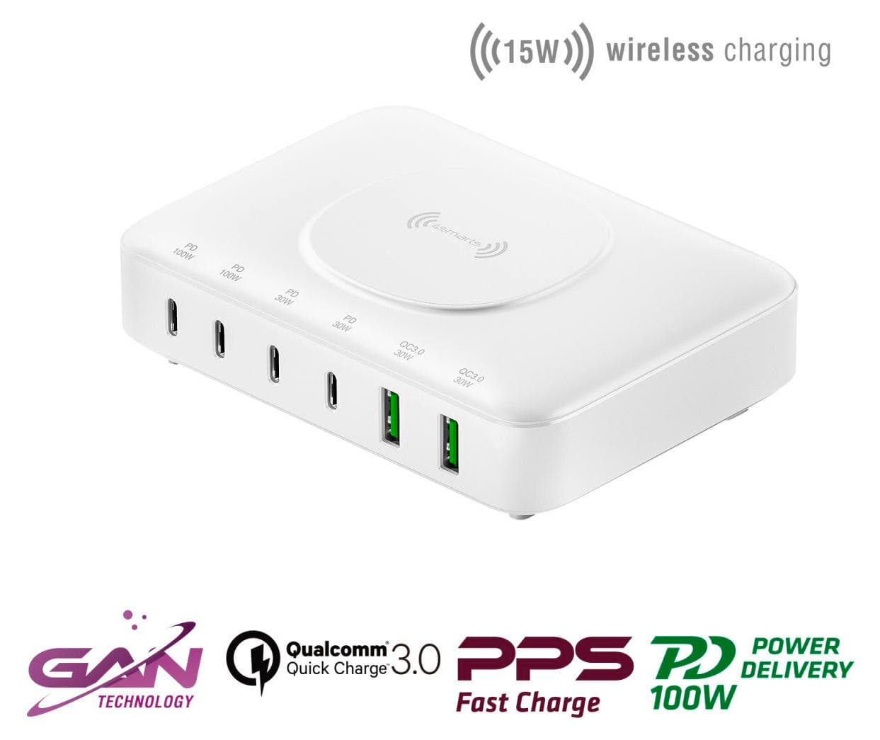 Зарядно устройство 4Smarts 540570, от контакт към 4x USB C(ж), 2x USB A(ж), безжично зареждане, 20V/5A, бяло, 100W