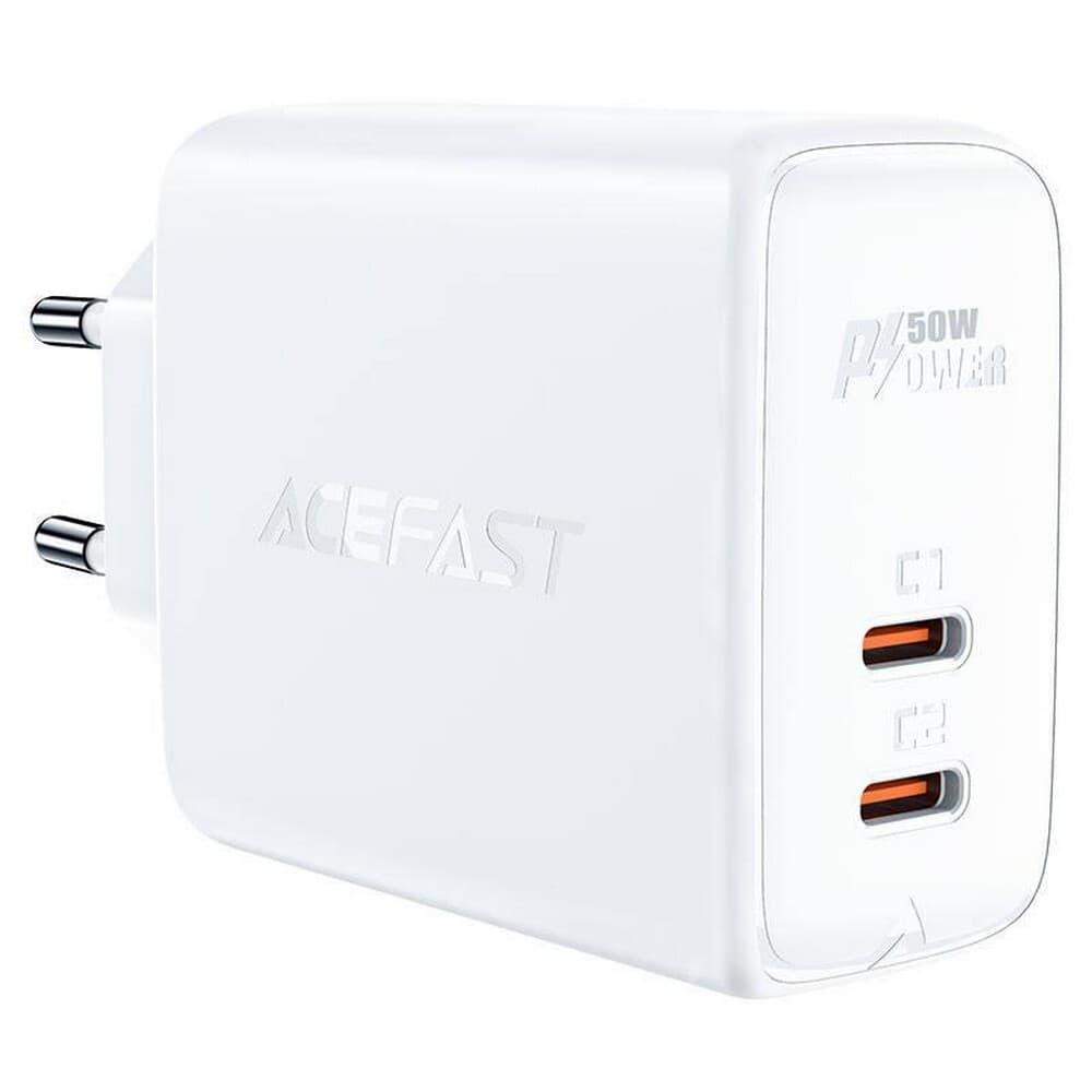 Зарядно устройство Acefast A29, от контакт към 2x USB-C(ж), бяло, 50W