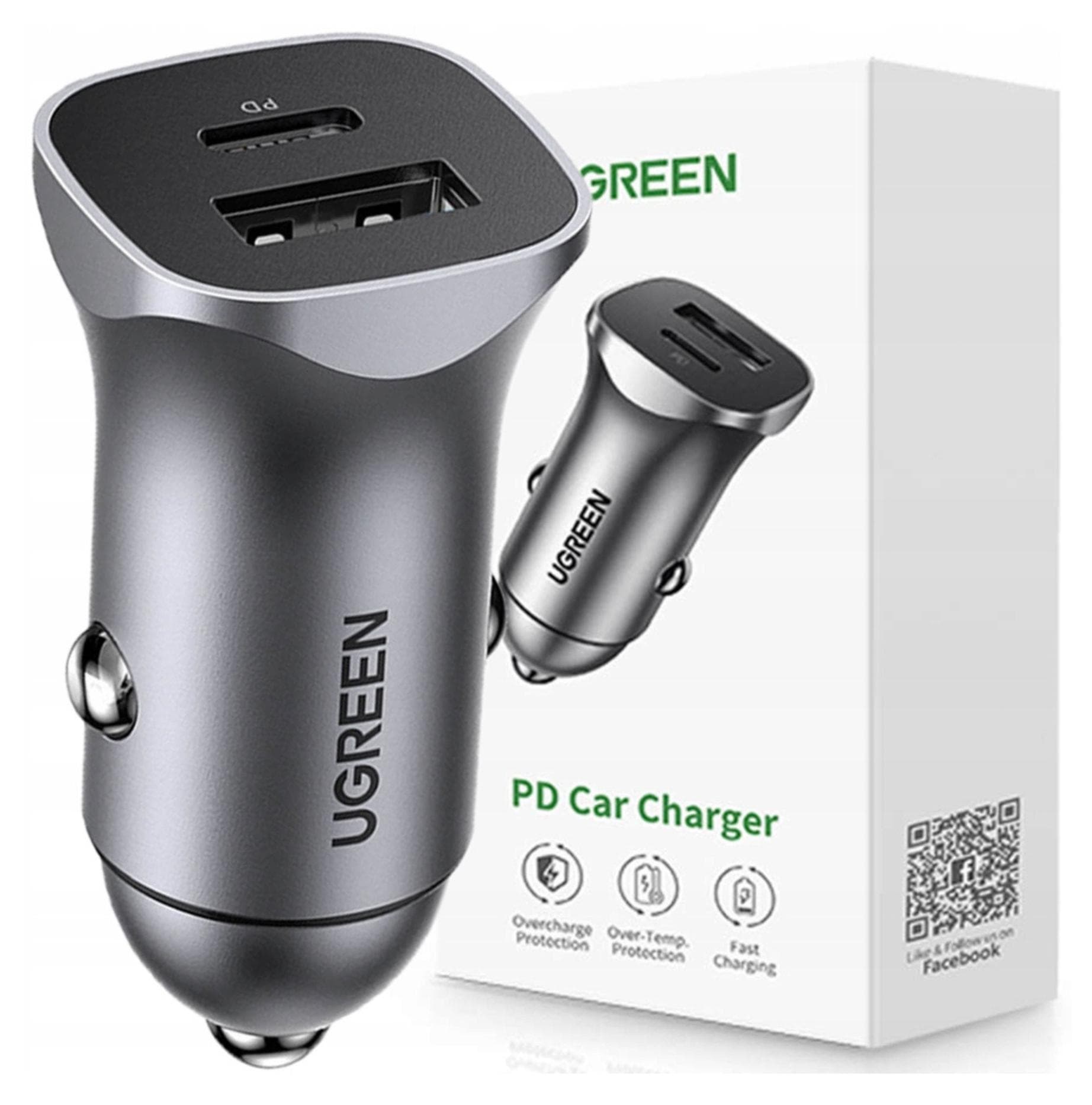 Зарядно устройство за кола Ugreen 40858, от автомобилна запалка към 1x USB-A(ж)/1x USB-C(ж), 12V/2.5A, черно, QC 3.0
