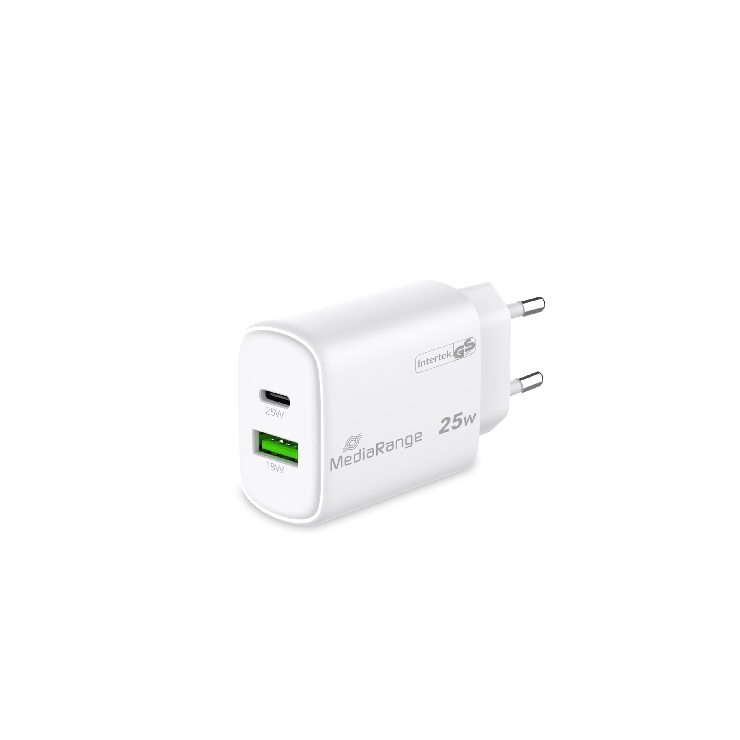 Зарядно устройство MediaRange MRMA112-2, от контакт към 1x USB-A/1x USB-C, 12.0V/2.08A, 25W, бяло