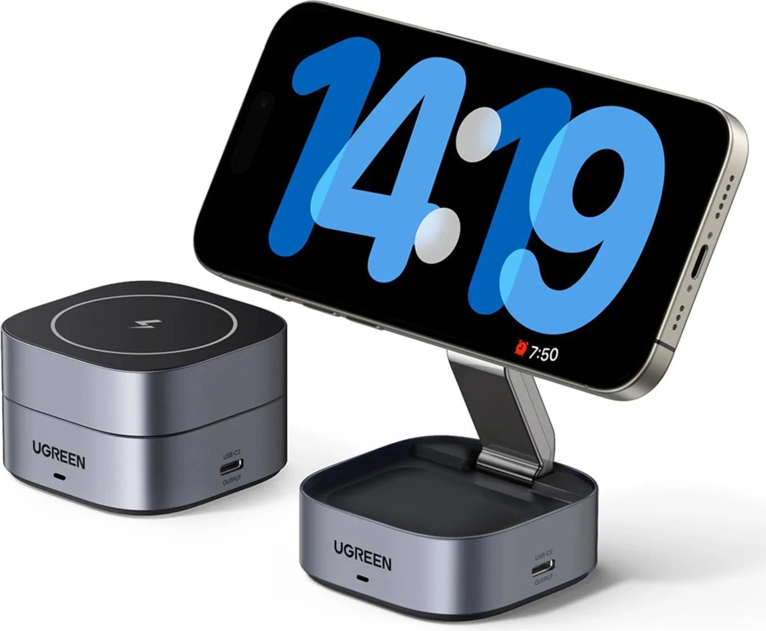 Безжично зарядно Ugreen 35278, двойна поставка за безжично зареждане MagSafe, сиво, 15W