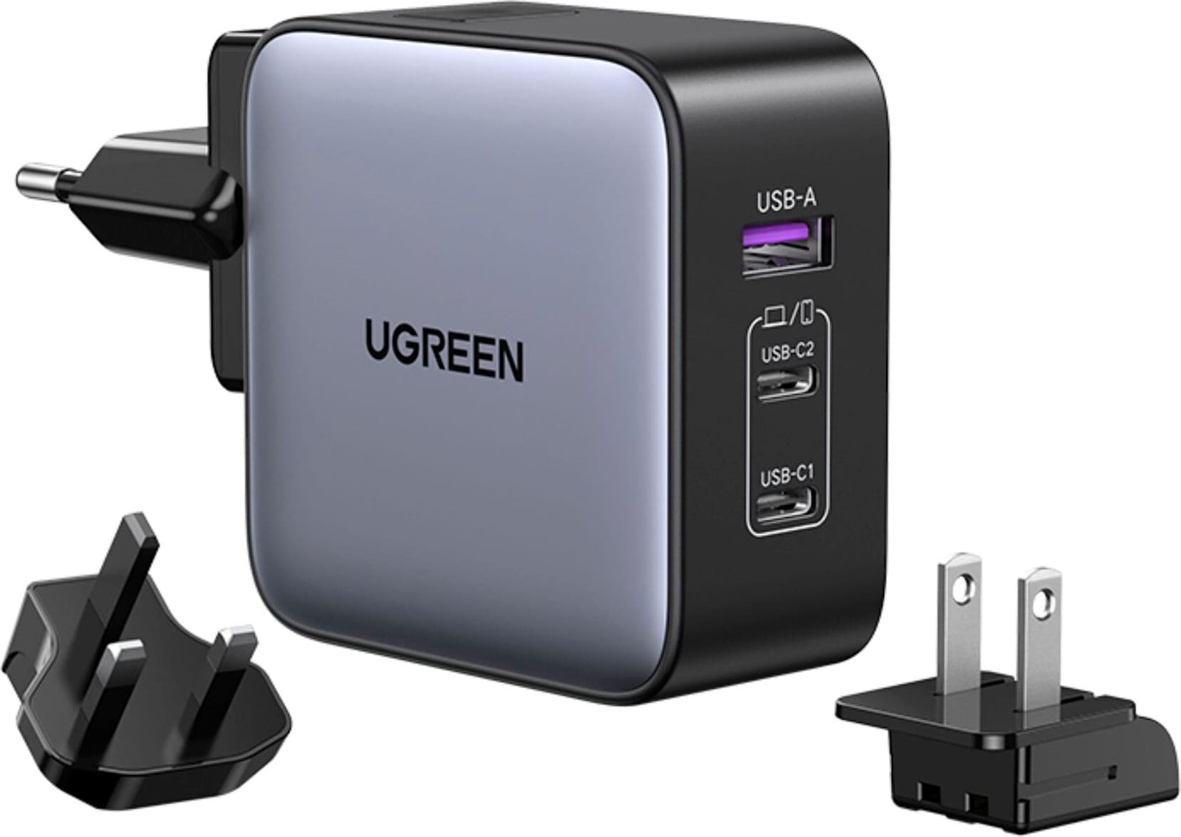 Зарядно устройство Ugreen 90409, от EU/US/UK към 2x USB C(ж), 1x USB A(ж), 20V/3.25A, сиво, 65W, QC4+