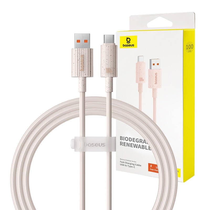 Кабел Baseus Habitat (P10360203421-00), от USB-A(м) към USB-C(м), 1m, розов, 100W