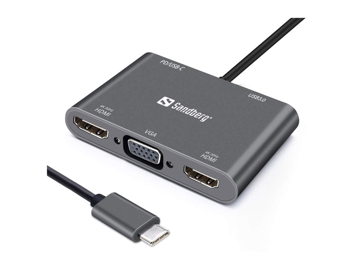 Докинг станция Sandberg USB-C Dock 2xHDMI+1xVGA+USB+PD (136-35), от USB C към 1x USB C(PD), 1x USB A, 2x HDMI, 1x VGA, черна