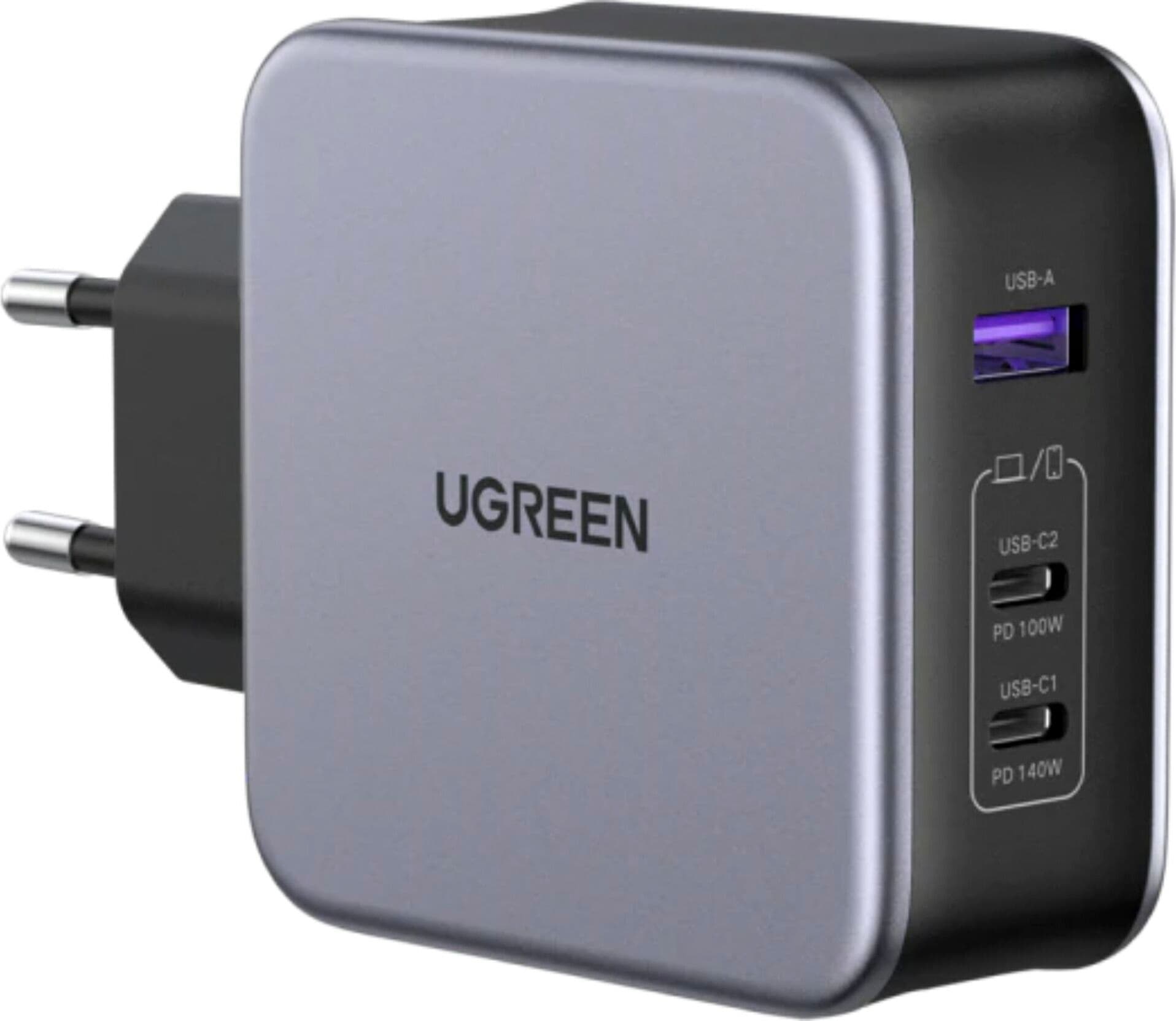 Зарядно устройство Ugreen 90549, от контакт към 1x USB-A(ж)/2x USB-C(ж), 12V/1.5A, сиво, 140W