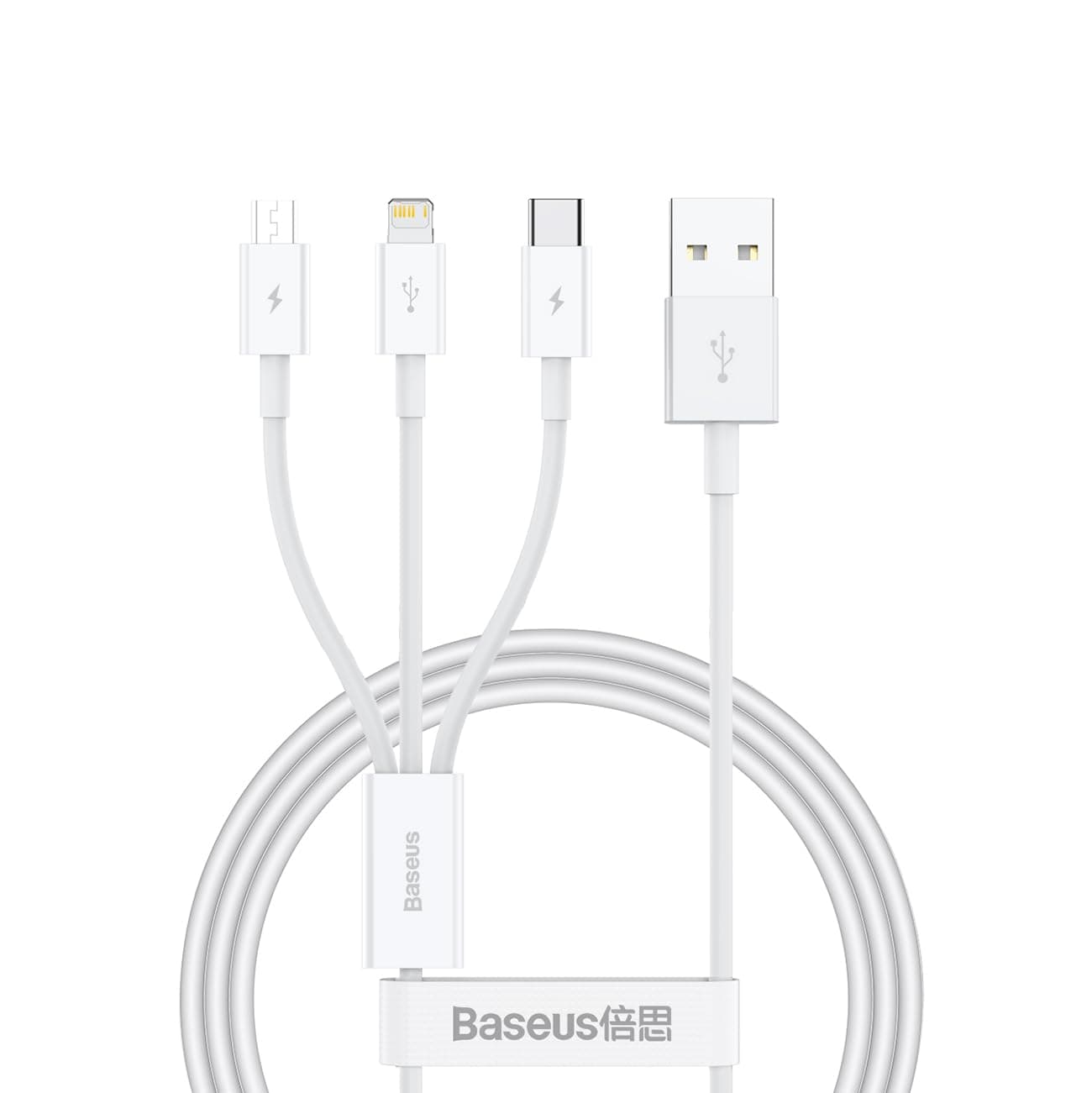 Кабел Baseus Superior, от USB A(м) към USB C(м), Lightning(м), Micro B(м), 1m, бял