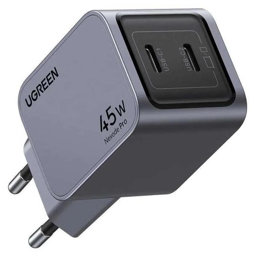 Зарядно устройство Ugreen X707, от контакт към 2x USB C(ж), сиво, 45W