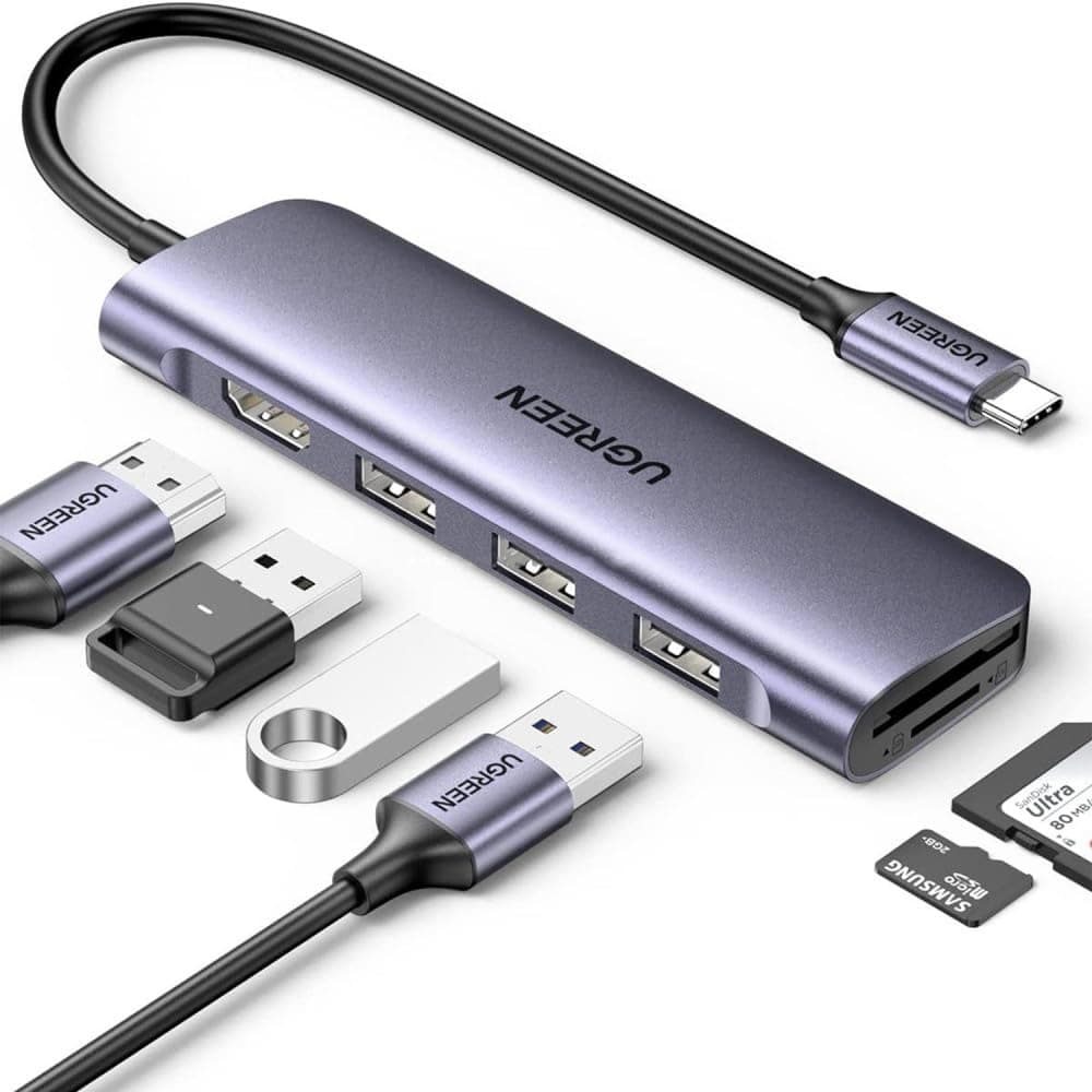 Докинг станция Ugreen CM511, от USB-C към 3x USB-A, 1x HDMI, 1x SD четец, 1x MicroSD четец, синя