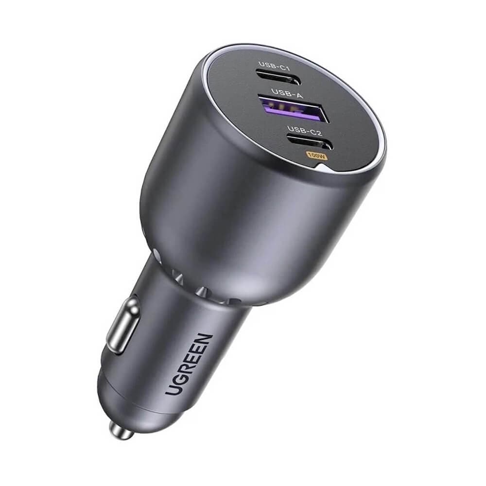 Зарядно устройство Ugreen EC705, за кола, от автомобилна запалка към 2x USB-C(ж), 1x USB-A(ж), 20V/5A, сиво, QC 3.0, 100W, кабел от USB C(м) към USB C(м)