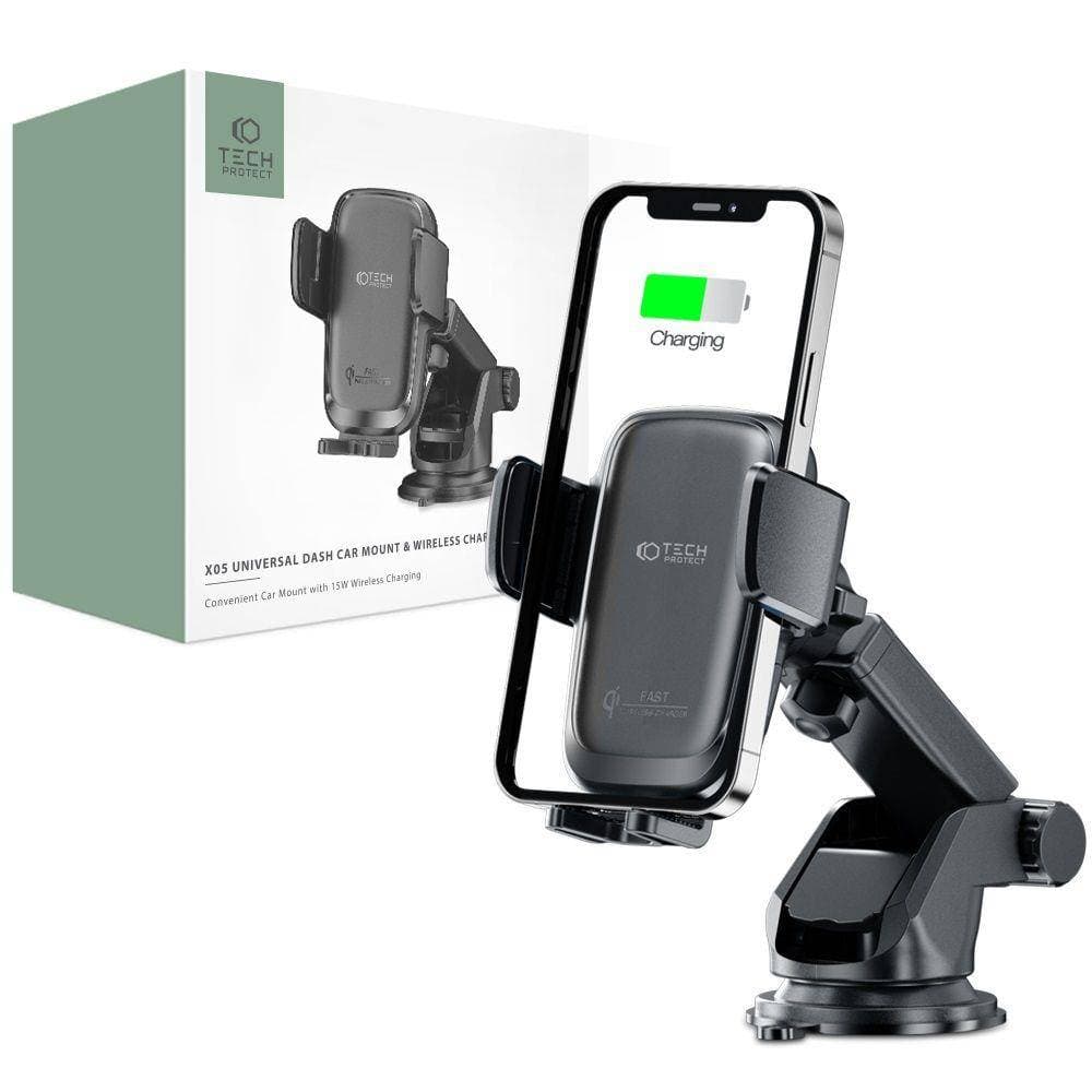 Стойка за телефон Tech-Protect THP1242BLK, универсална, за кола, за телефони с размер от 4.7" до 6.8", безжично зареждане 15W, черна