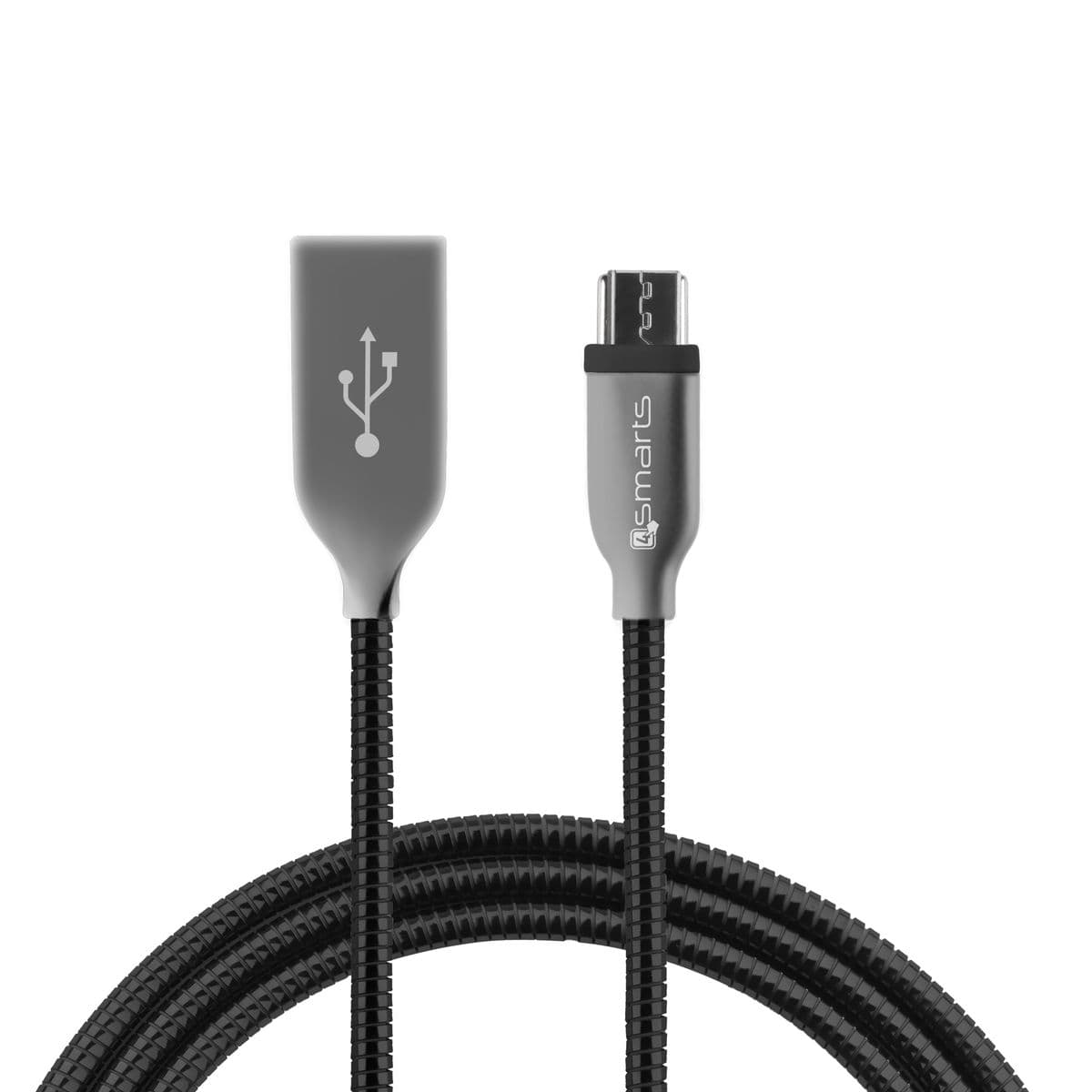 Компактен microUSB кабел с оплетка от неръждаема стомана (50 см) - 4smarts FerrumCord Stainless Steel MicroUSB Data Cable (черен-сив)