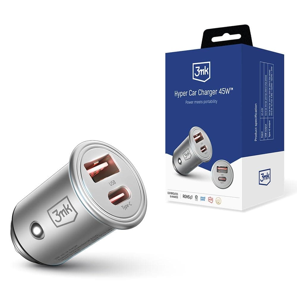 Зарядно устройство 3MK Hyper Car Charger (CC-1A1C-45-01), от автомобилна запалка към 1x USB-A, 1x USB-C, 45W, 5V, 4.5A, сребрист