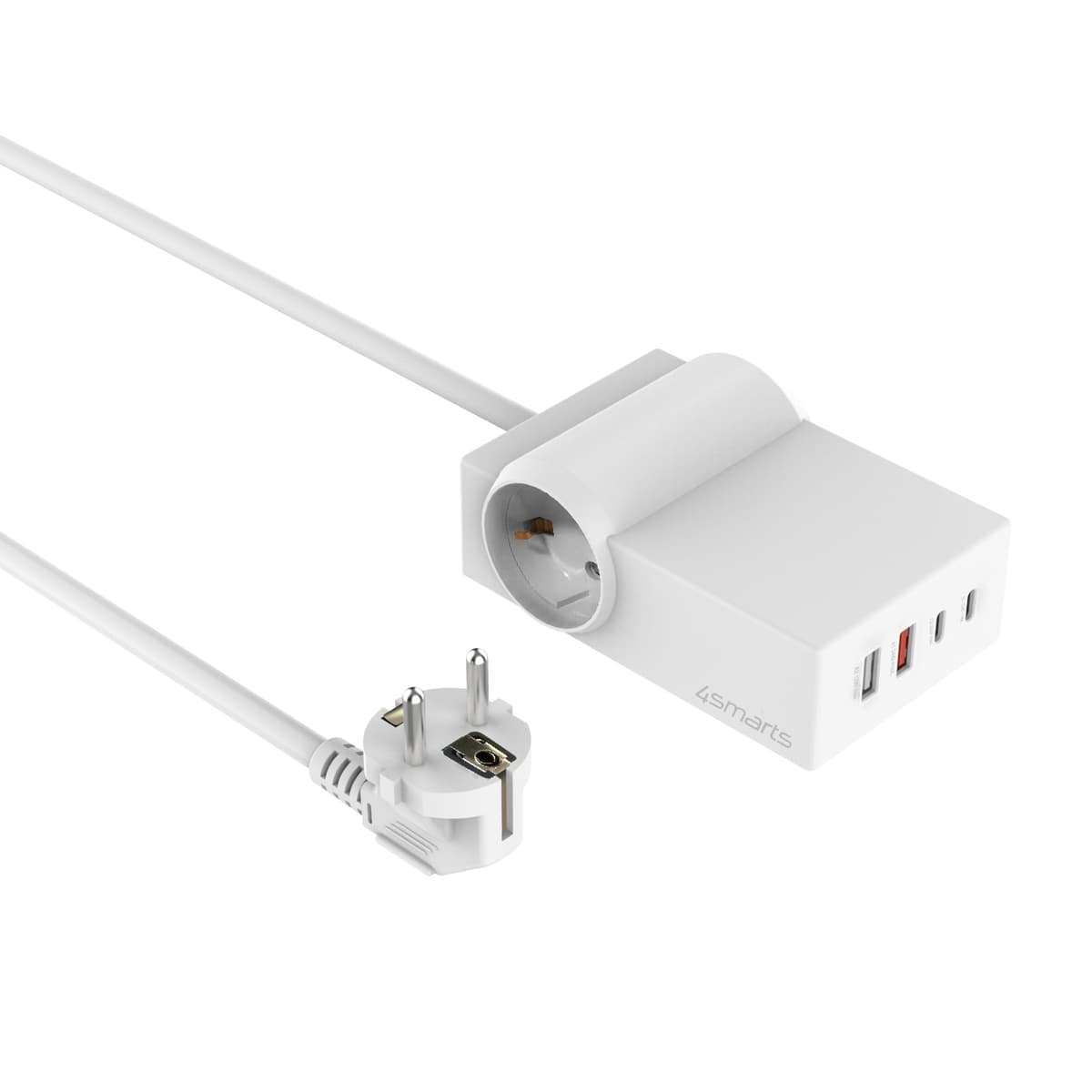 Разклонител с 2 изхода и вградени 2хUSB-C и 2хUSB-A изхода за мобилни устройства - 4Smarts USB-C GaN 65W Desk Power Strip Hub (бял)