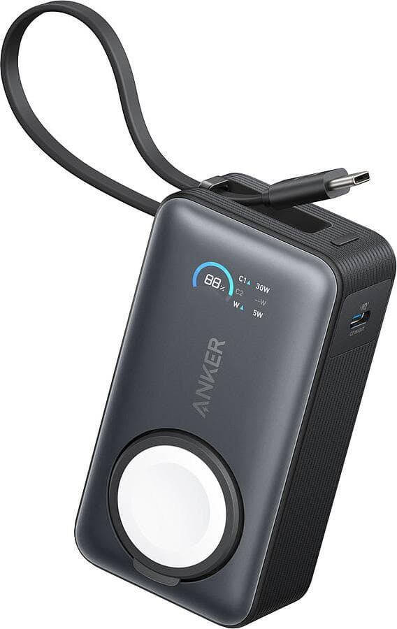 Преносима външна батерия вграден USB-C кабел, USB-C порт и зареждане на Apple Watch (черен) - Anker MagGo Power Bank 10000mAh 35W