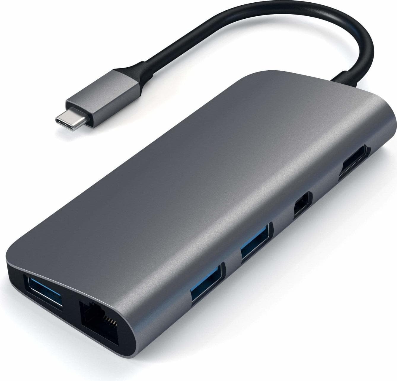 Докинг станция Satechi USB-C Multimedia Adapter Grey (ST-TCMM8PAM), от USB C към 1x USB C(PD), 3x USB A, 1x HDMI, 1x RJ45, 1x SD/MicroSD четец, сива