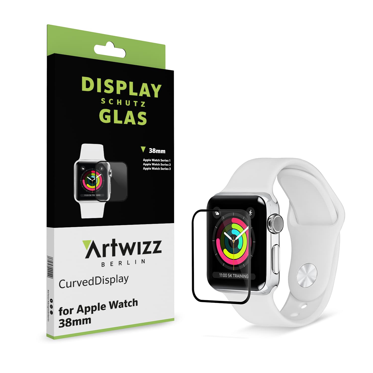 Калено стъклено защитно покритие с извити ръбове за целия дисплея на Apple Watch 38мм - Artwizz CurvedDisplay Glass Protection (черен-прозрачен)