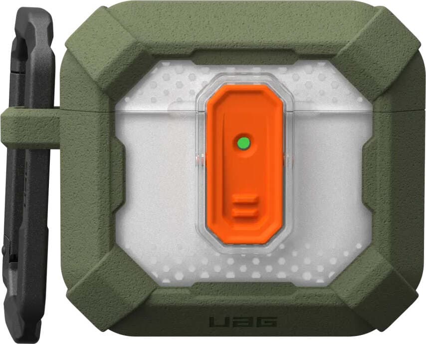 Хибриден удароустойчив кейс с карабинер за Apple AirPods 4 - Urban Armor Gear Plasma Hybrid Case (тъмнозелен-прозрачен)
