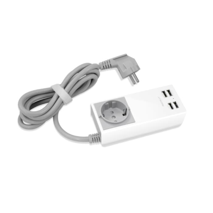 Зарядно устройство Macally UniStrip2 от контакт към 2 x USB A(ж) 2.4 А, 2 x USB A (ж) 1 A и контакт, бяло