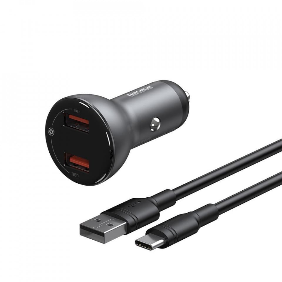 Зарядно за кола с 2xUSB-A изхода с технология за бързо зареждане и USB-C кабел - Baseus Digital Display Dual USB Quick Car Charger 45W (TZCCBX-B0G) (черен)