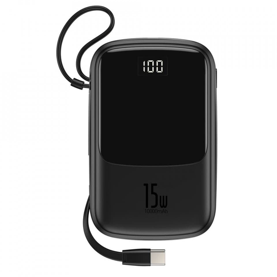 Външна батерия 10000 mAh с вграден USB-C кабел и USB-C, USB-A и Lightning портове - Baseus Qpow Digital Display Power bank with USB-C cable 15W (PPQD-A01) (черен)