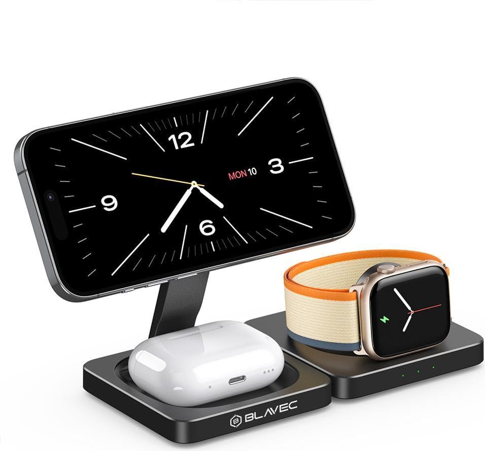 Тройна поставка (пад) за безжично зареждане за iPhone с MagSafe, Apple Watch, AirPods и Qi съвместими мобилни устройства - Blavec E20 3-in-1 Fst Wireless Charger 15W (черен)