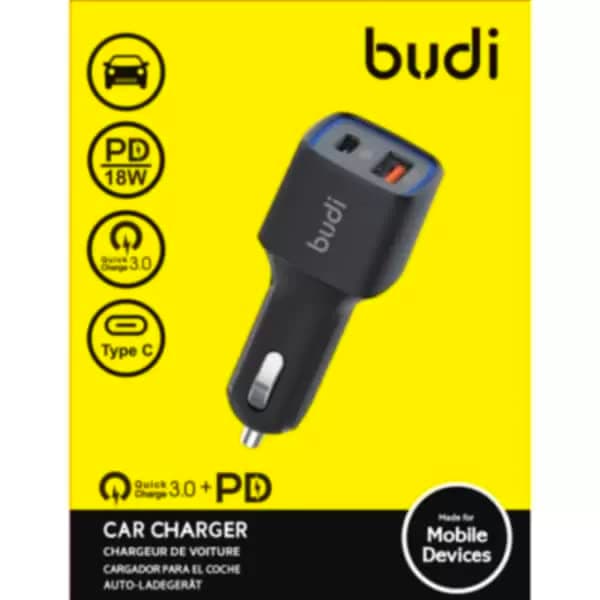 Зарядно за кола с USB-A и USB-C изходи с технология за бързо зареждане - Budi Dual Car Charger 18W (черен)