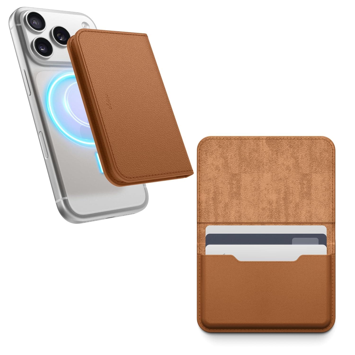 Кожен портфейл (джоб) с вградена поставка за прикрепяне към iPhone с MagSafe - Elago Vegan-Leather Magnetic Card Holder (кафяв)