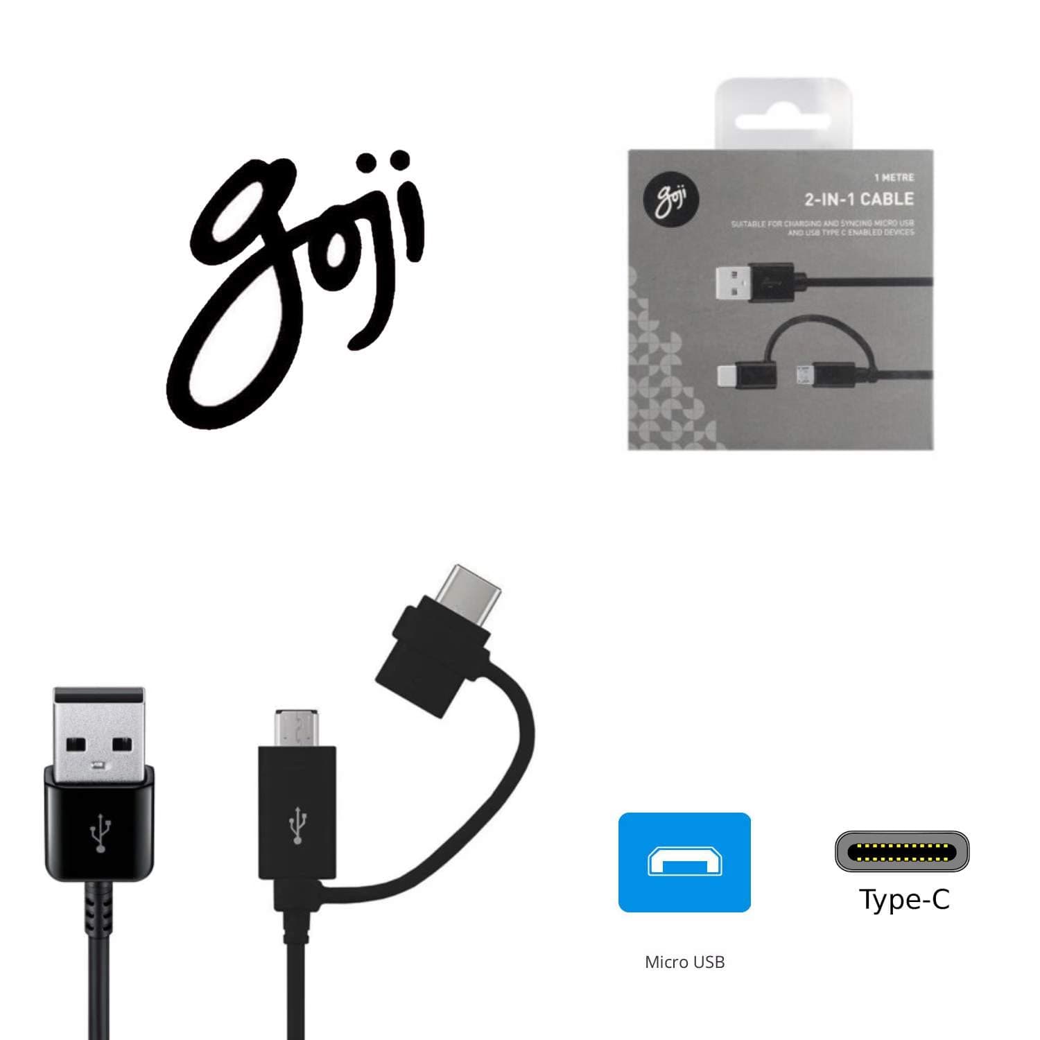 Универсален кабел с MicroUSB и USB-C конектори (100 см) (черен) - Goji 2-in-1 microUSB to USB-C Cable