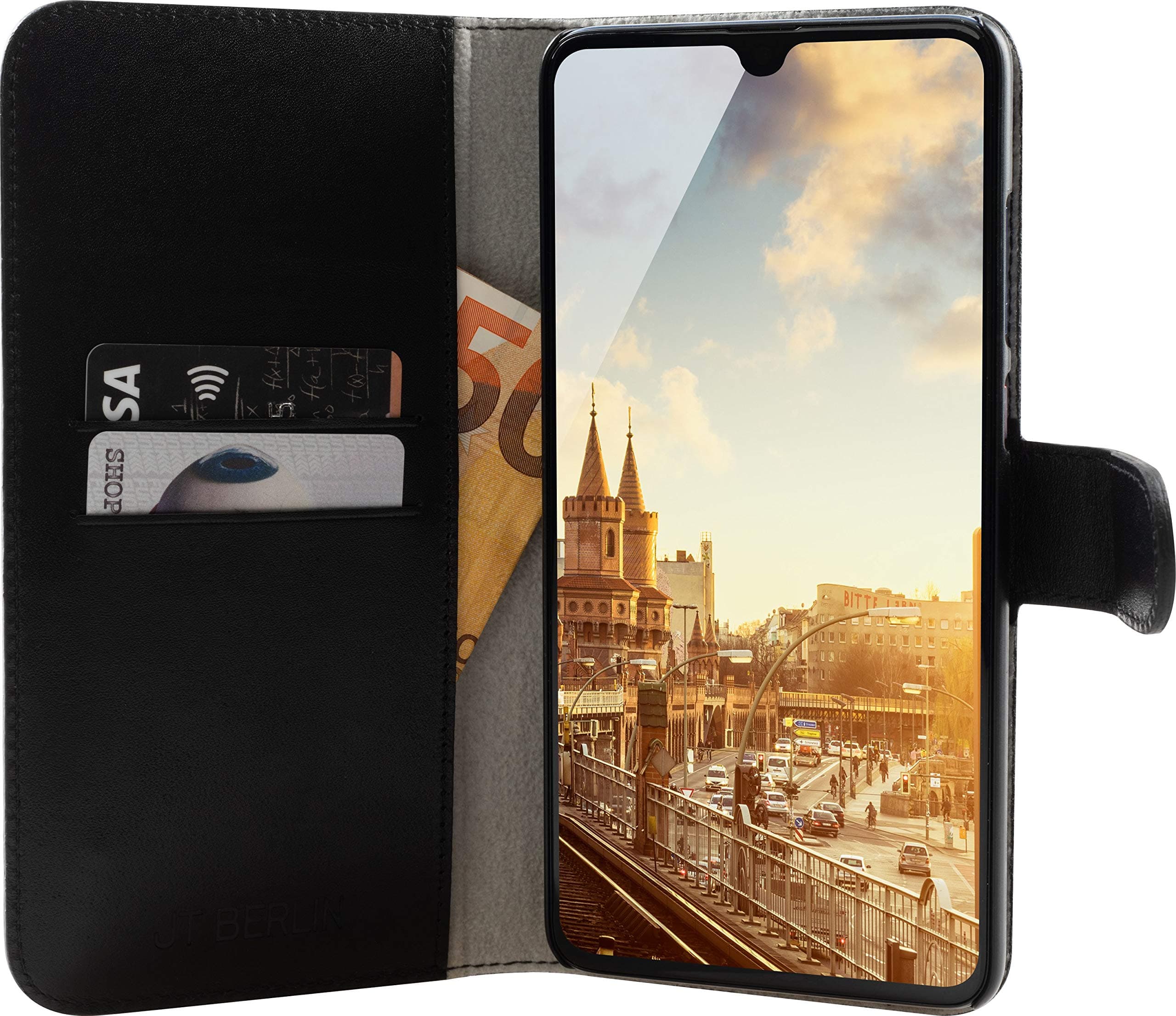 Хоризонтален кожен (естествена кожа) калъф тип портфейл за Huawei Mate 20 - JT Berlin LeatherBook Kreuzberg Case (черен)