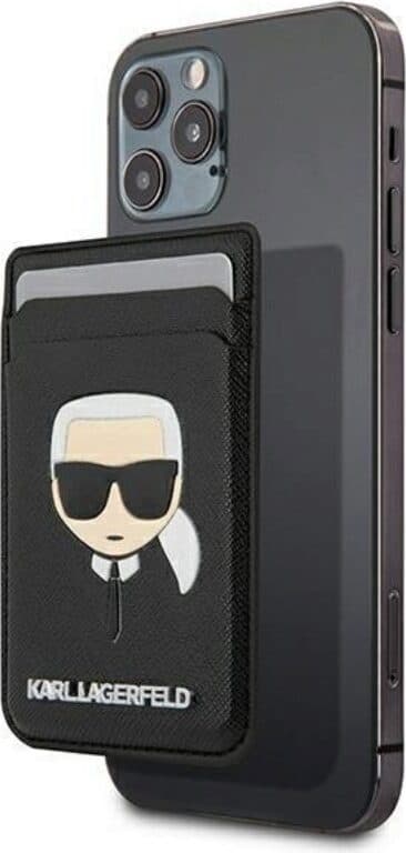 Кожен портфейл (джоб) за прикрепяне към iPhone с MagSafe - Karl Lagerfeld Saffiano Magnetic Wallet Karl Head (черен)