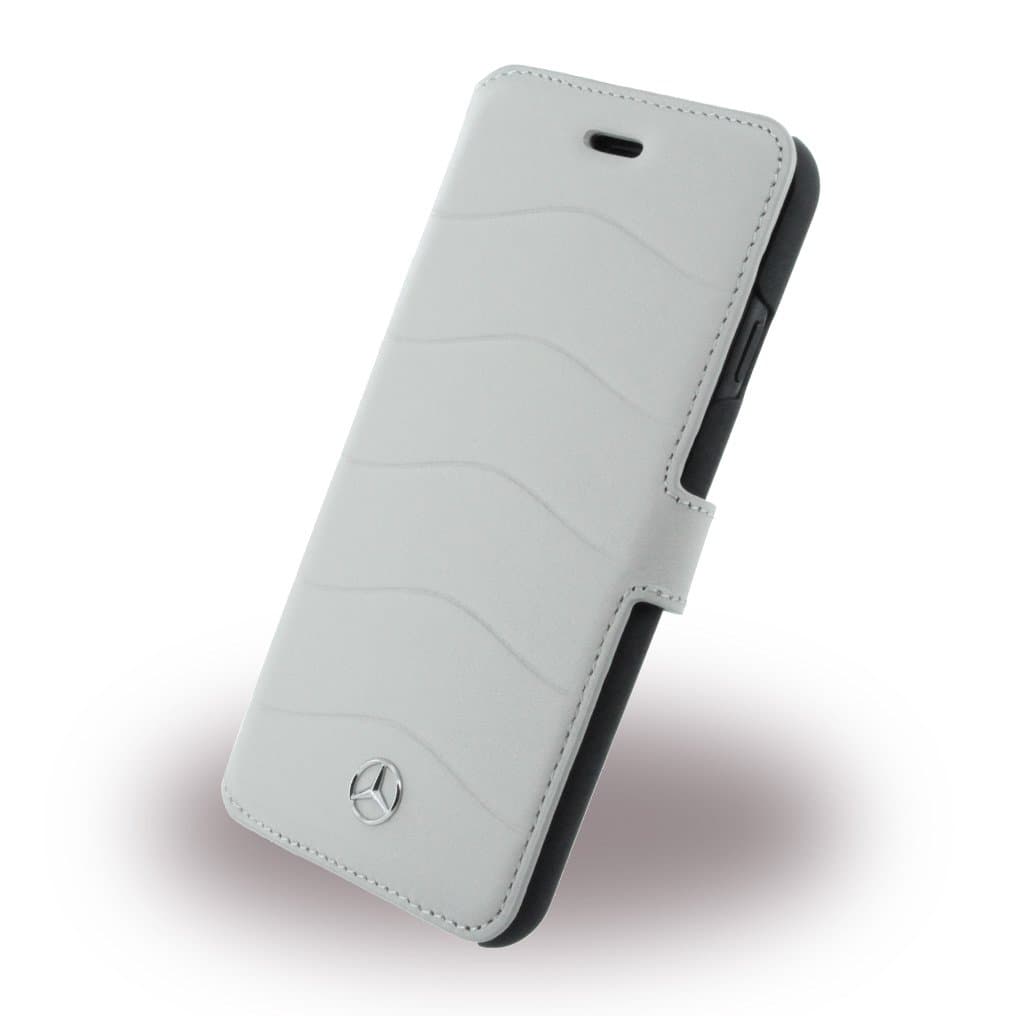 Кожен калъф (естествена кожа), тип портфейл за iPhone SE (2022), iPhone SE (2020), iPhone 8, iPhone 7 - Mercedes-Benz Folio Case (сив)