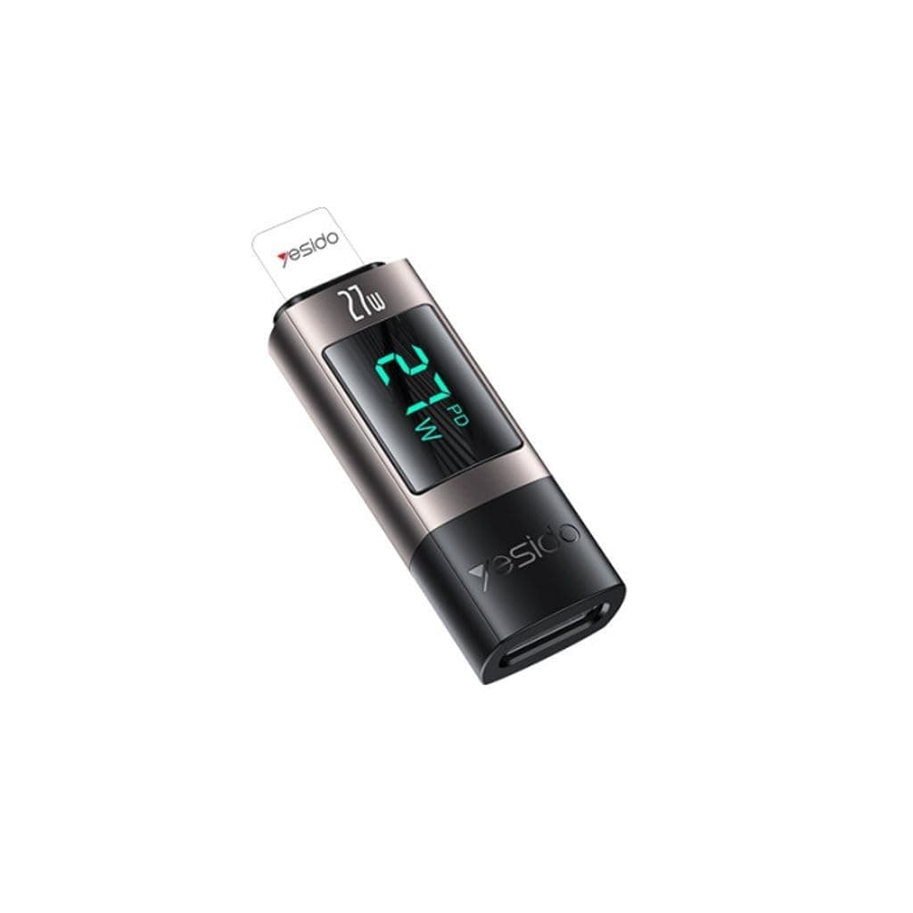 Адаптер от Lightning мъжко към USB-C женско за Apple устройства с Lightning порт - Yesido GS25 Lightning to USB-C Adapter With Digital Display 27W (черен)