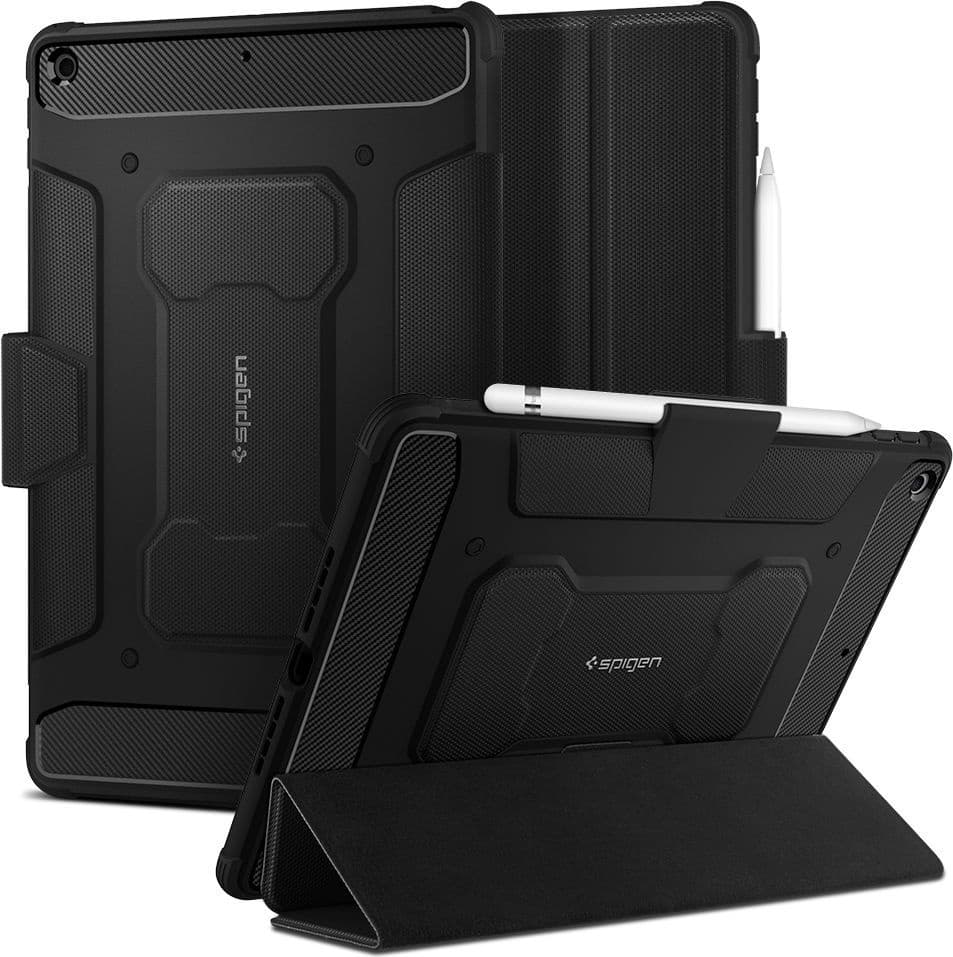 Хибриден удароустойчив кейс с поставка за iPad 9 (2021), iPad 8 (2020), iPad 7 (2019) - Spigen Rugged Armor Pro Case (черен)