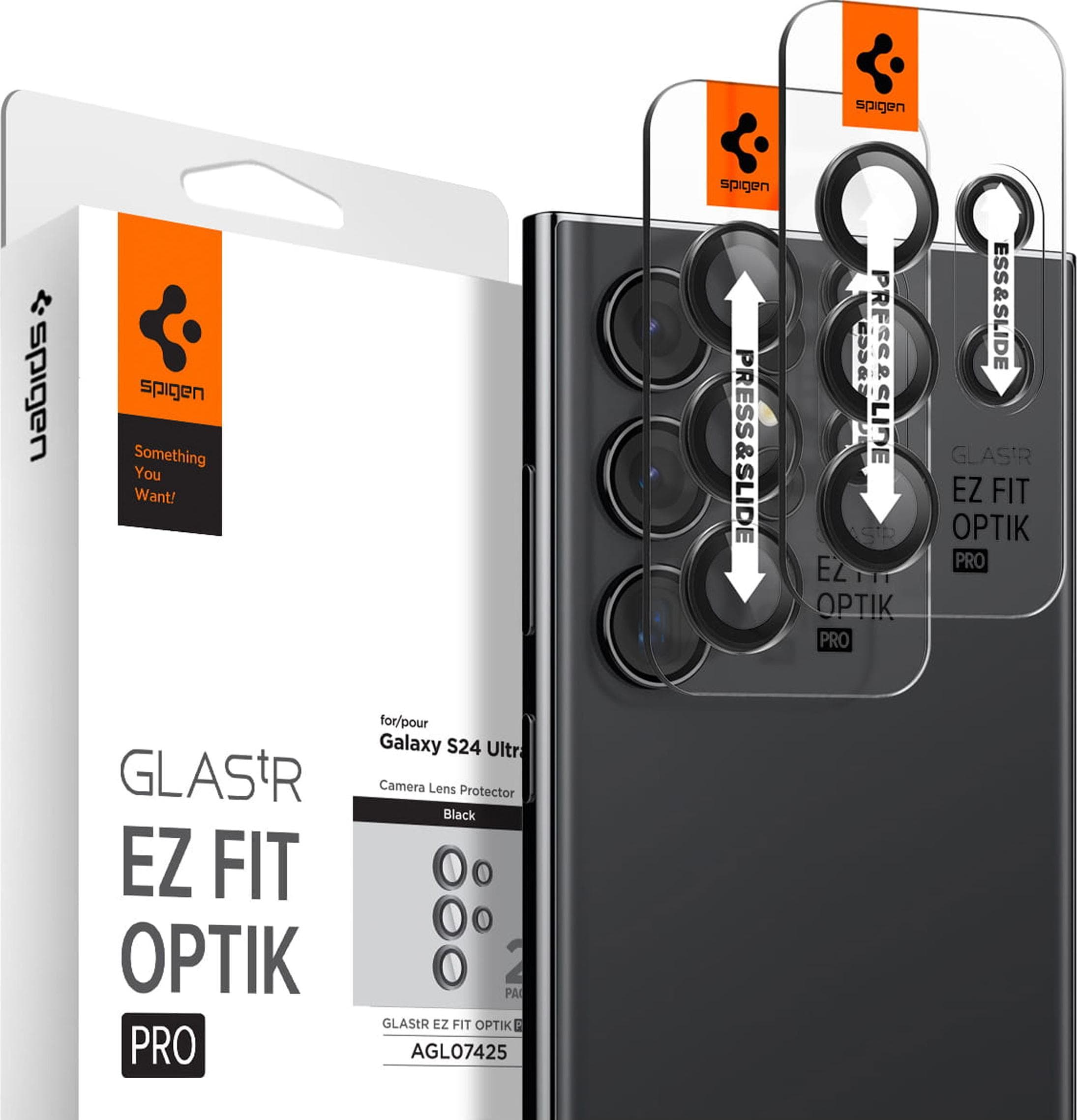 2 комплекта предпазни стъклени лещи за камерата на Samsung Galaxy S24 Ultra - Spigen Optik.tR EZ Fit Tempered Glass 2 Pack (черен)