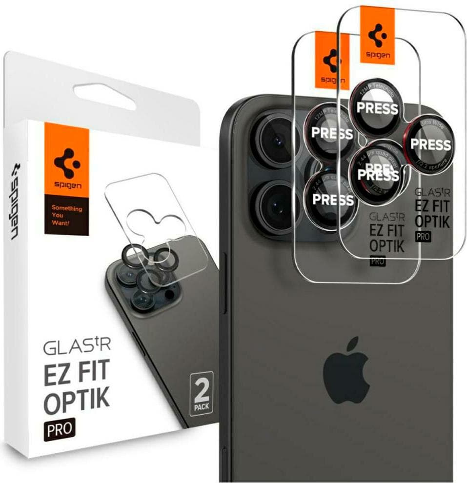 2 комплекта предпазни стъклени лещи за камерата на iPhone 17 Pro, iPhone 17 Pro Max, iPhone 16 Pro, iPhone 16 Pro Max, iPhone 15 Pro, iPhone 15 Pro Max - Spigen Glass tR EZ Fit Optik Pro Lens Protector 2 Pack (черен-червен)