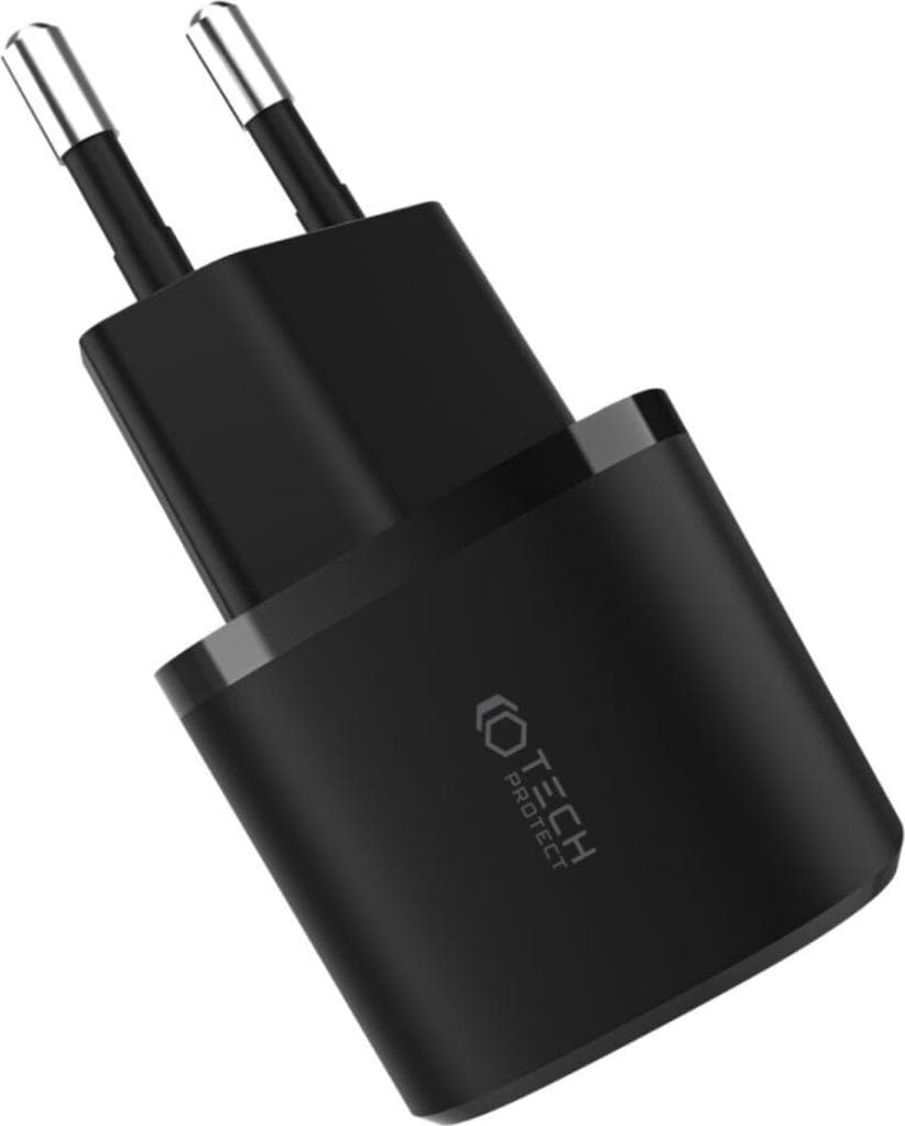 Захранване за ел. мрежа с USB-A и USB-C изходи и технология за бързо зареждане - Tech-Protect C20W Mini Fast Wall Charger 20W (черен)