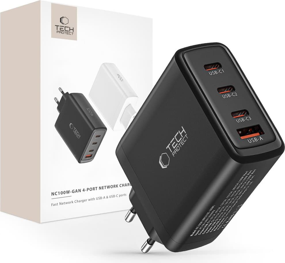 Захранване за ел. мрежа за лаптопи, смартфони и таблети с 3xUSB-C и 1xUSB-A изходи с технология за бързо зареждане - Tech-Protect GaN Fast Wall Charger 100W (черен)