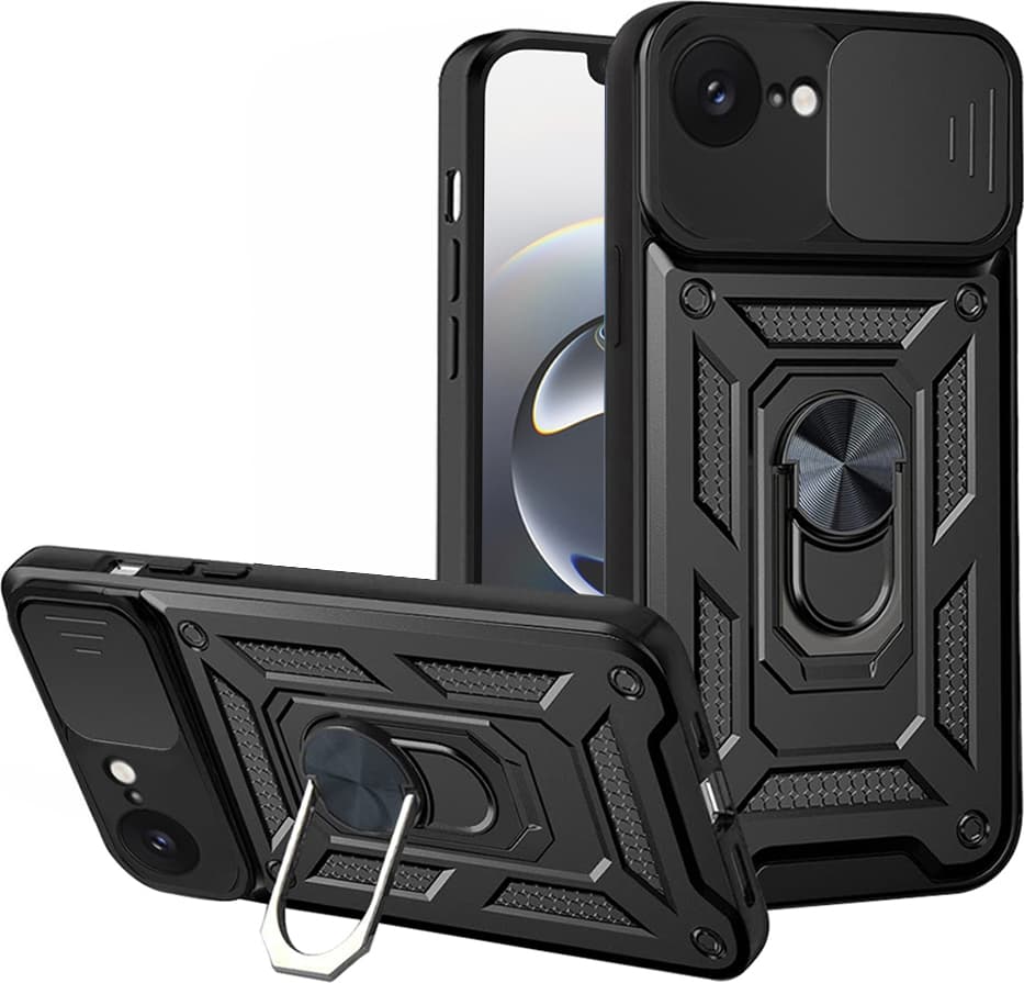 Хибриден удароустойчив кейс с пръстен против изпускане за iPhone 16e - Techsuit CamShield Case (черен)