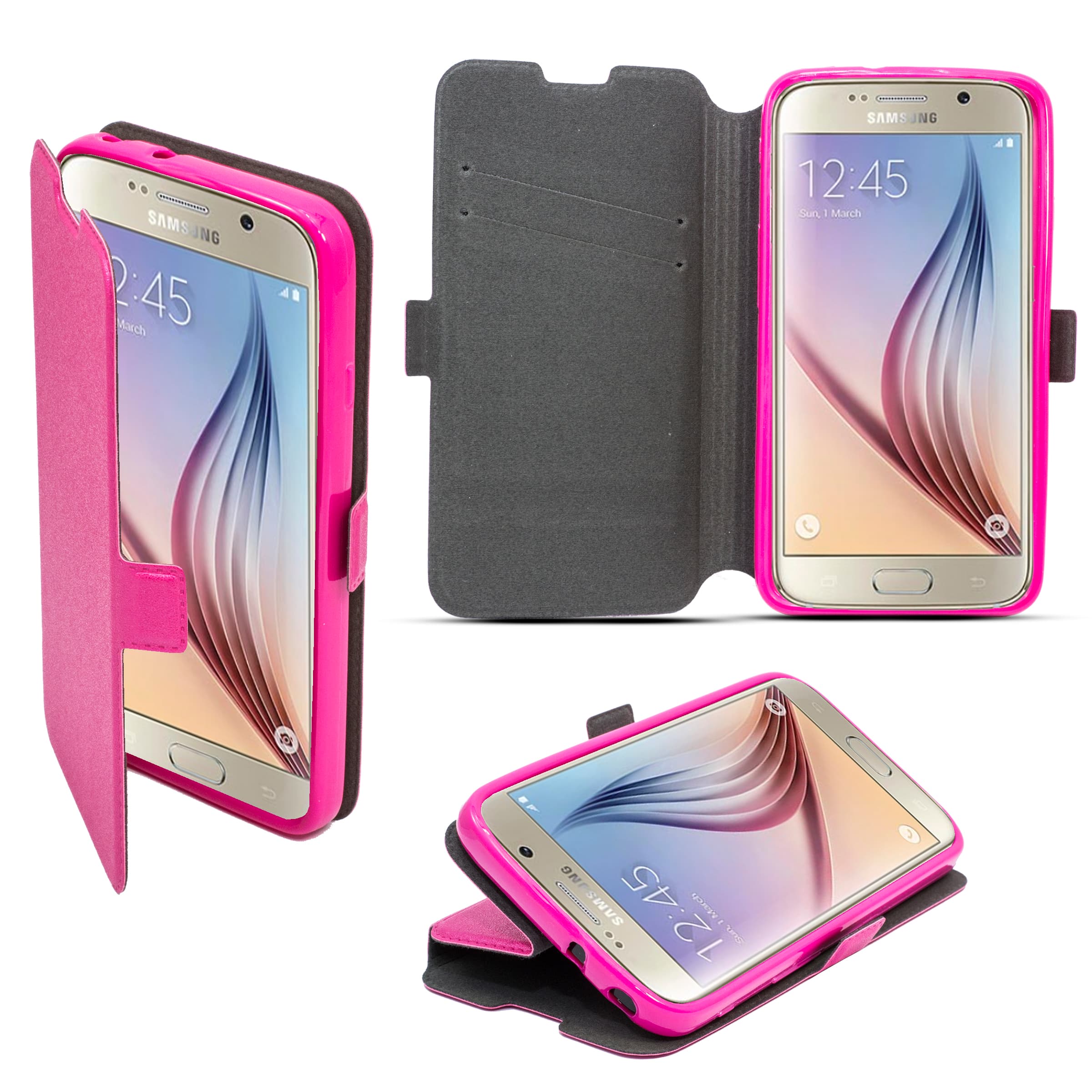 Кожен калъф, тип портфейл и поставка за Samsung Galaxy S6 - Wallet Flip Case (розов)