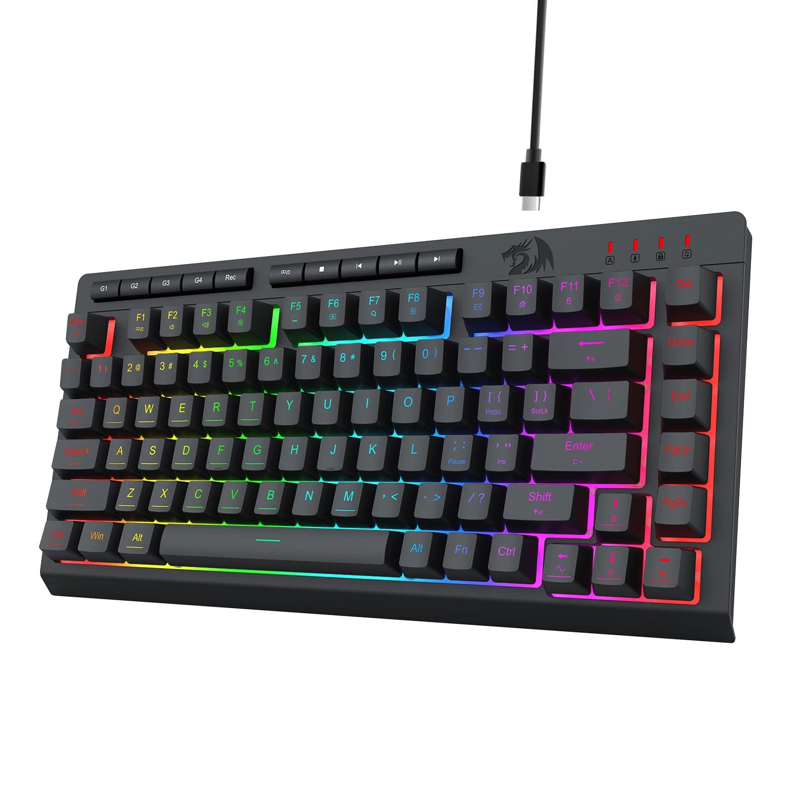 Клавиатура Redragon Crescent, гейминг, RGB подсветка, 5 мултимедийни клавиша, 4 MACRO клавиша, черна, USB