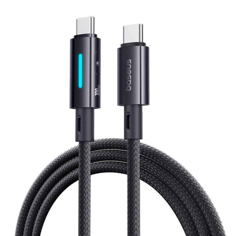 Кабел Baseus Lit Button (P10379000121-00), от USB-C(м) към USB-C(м), 1m, 100W, черен
