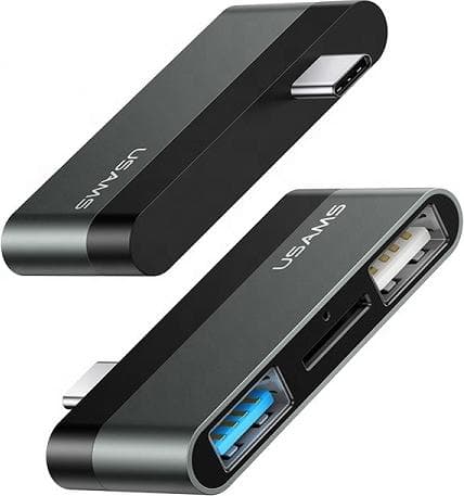 Мултифункционален хъб за свързване на допълнителна периферия за MacBook, iPad Pro и мобилни устройства с USB-C порт - USAMS USB-C Mini Hub 2xUSB With MicroSD (тъмносив)