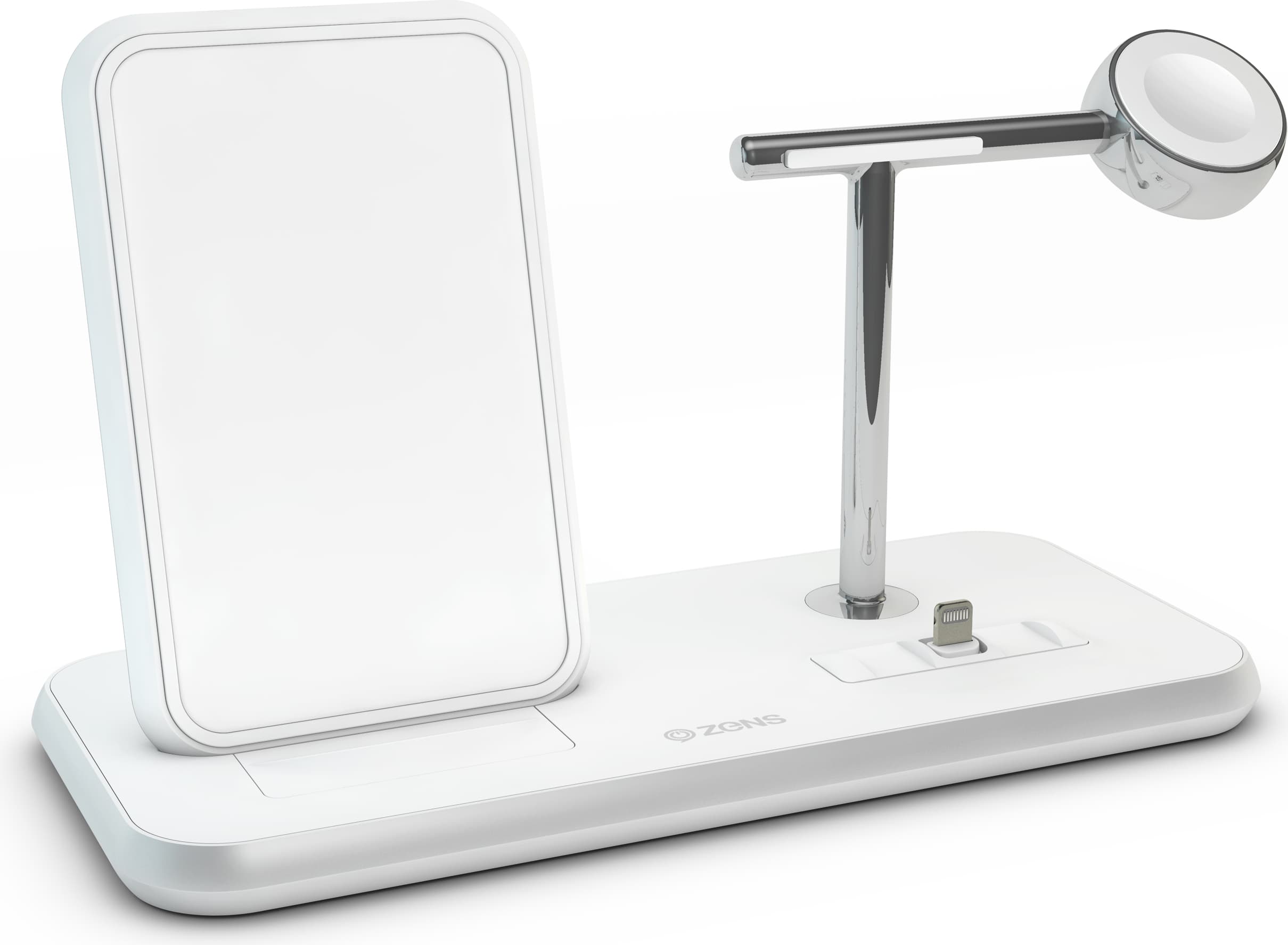 Док станция и поставка за безжично зареждане на Qi устройства, Apple Watch и Apple AirPods - Zens Aluminium Stand + Apple Watch + Dock (бял)