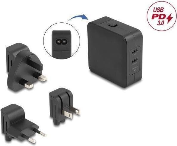 Delock Зарядно устройство GaN, 2 x USB-C, PD 65 W, адаптер за EU / US / UK