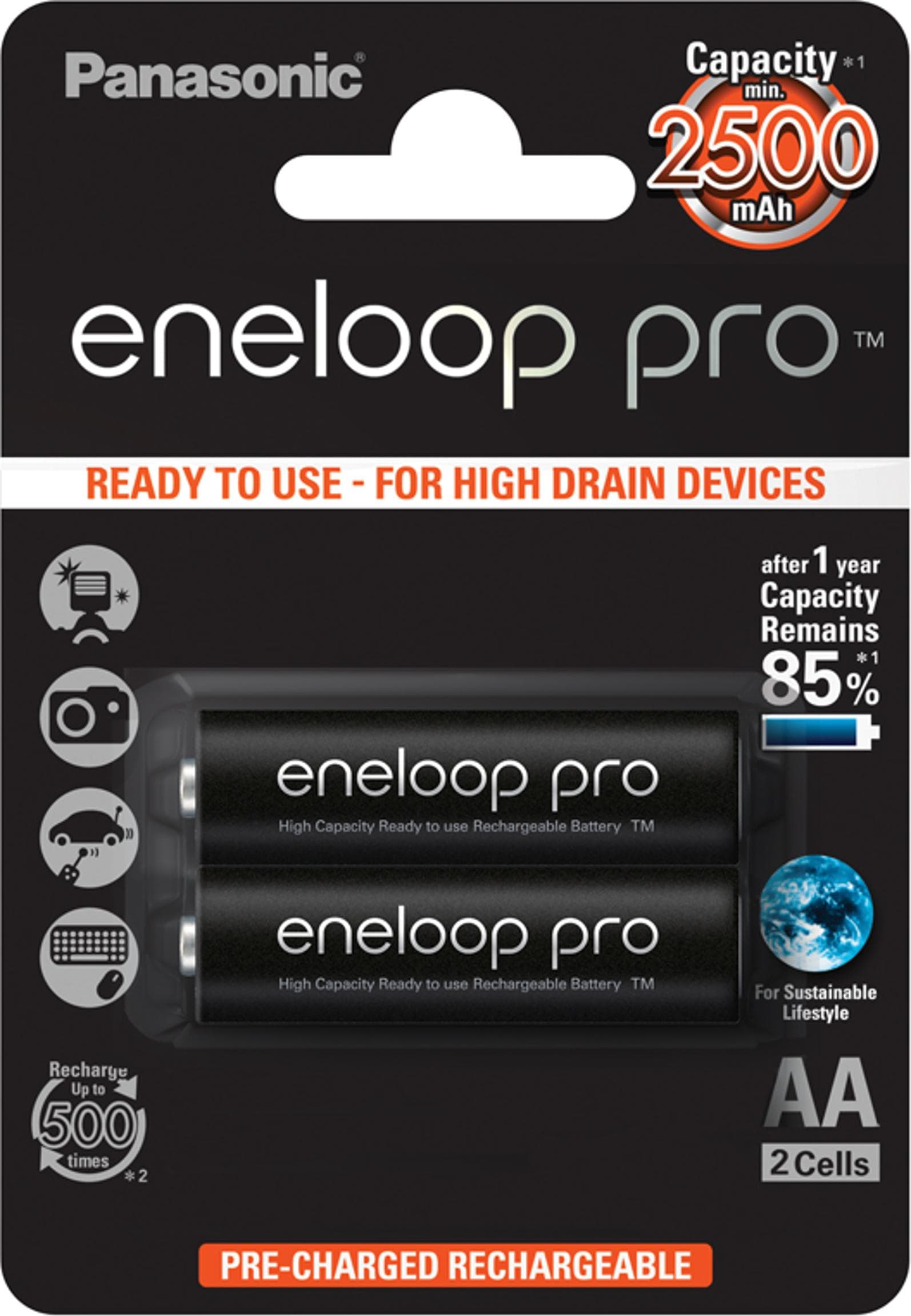 2 броя презареждаеми батерии AA 2500mAh - Panasonic Eneloop Pro AA 2500mAh BK-3HCDE-2BE