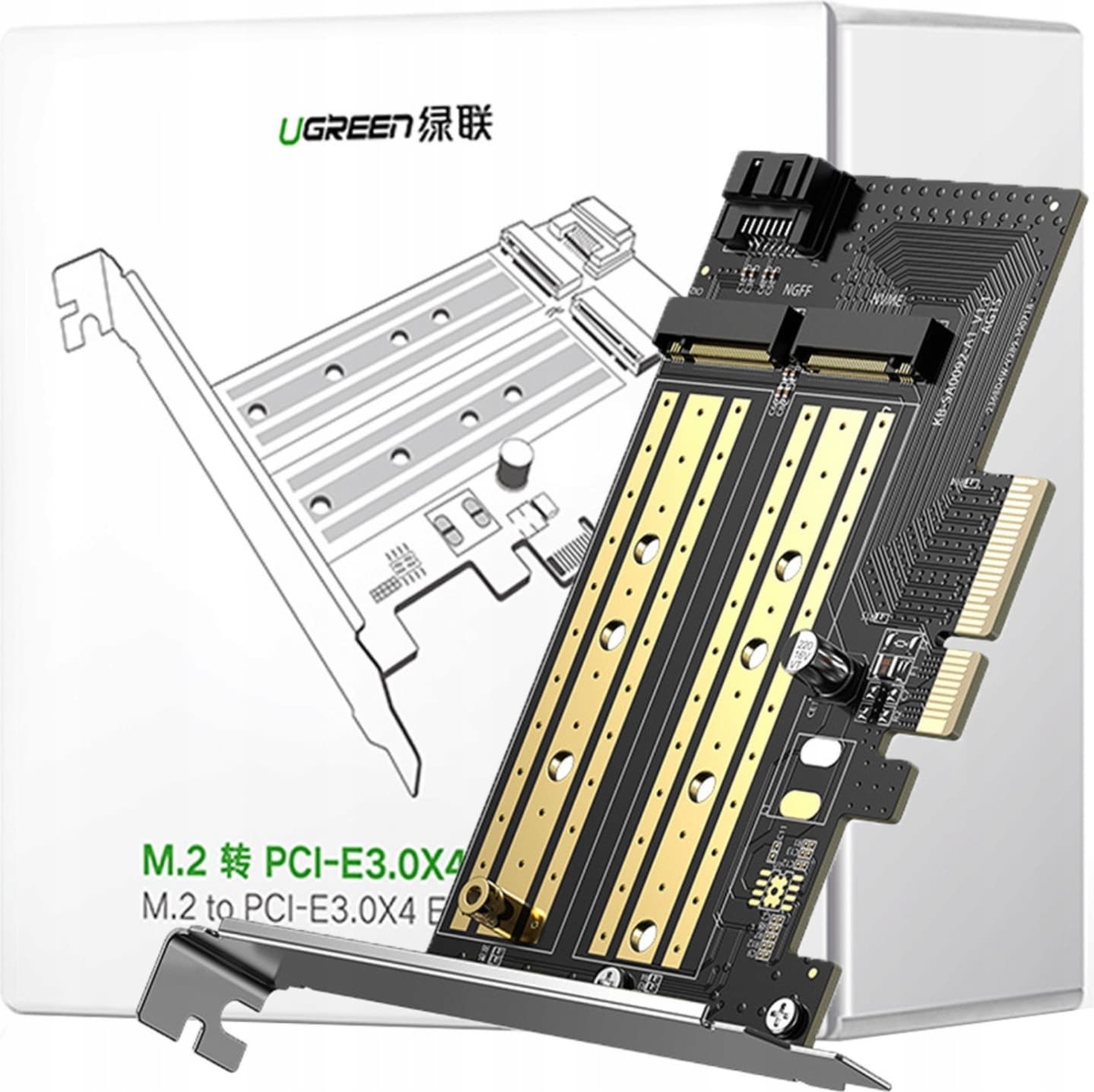 Адаптер за използване на M.2 SSD на устройства с PCIe 3.0 слотове - Ugreen PCIe 3.0 x4 to M.2 M-Key + M.2 B-Key Adapter (черен)