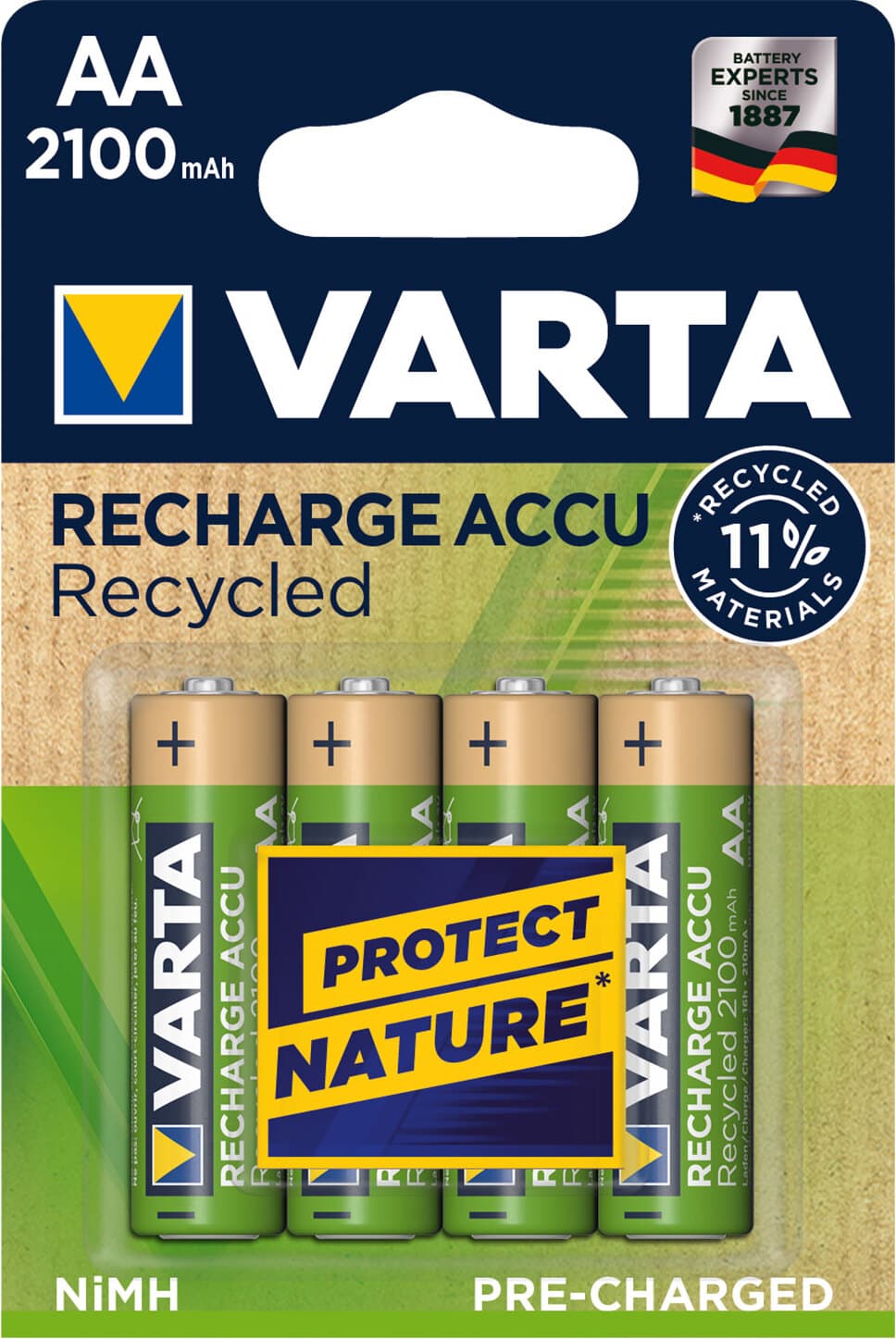 4 броя презареждаеми батерии AA 2100mAh - VARTA Rechargeable Recycled Battery AA (зелен-жълт)