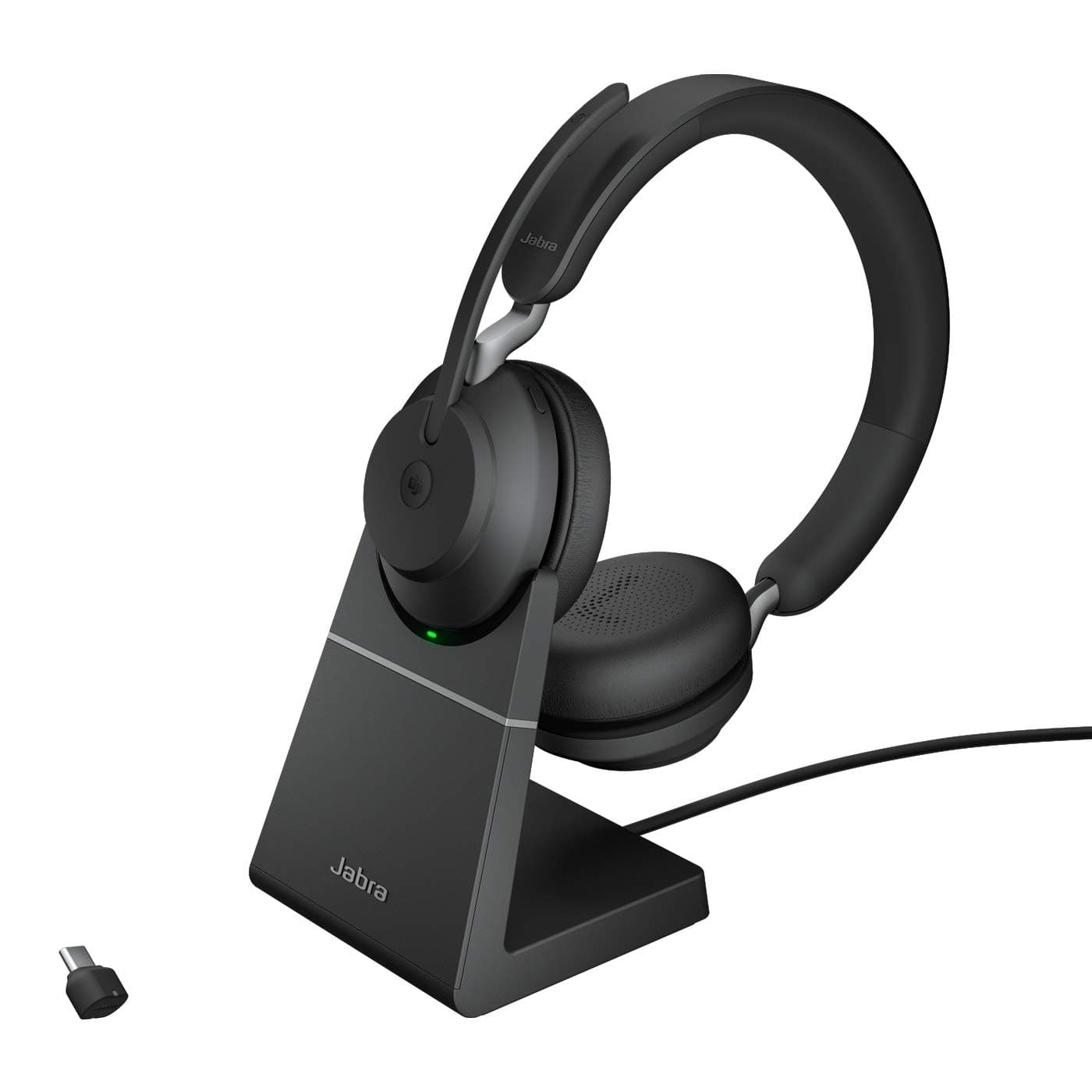 Слушалки Jabra Evolve2 65 MS Stereo със стойка, безжични, микрофон, за работа с Microsoft Teams, шумоизолиращ дизайн, светлинна индикация за заетост, Bluetooth, USB Type-C, черни